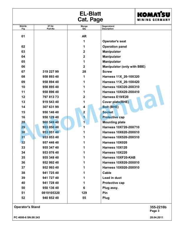 Komatsu PC4000-6 Hydraulic Excavator Parts Manual G08243-3