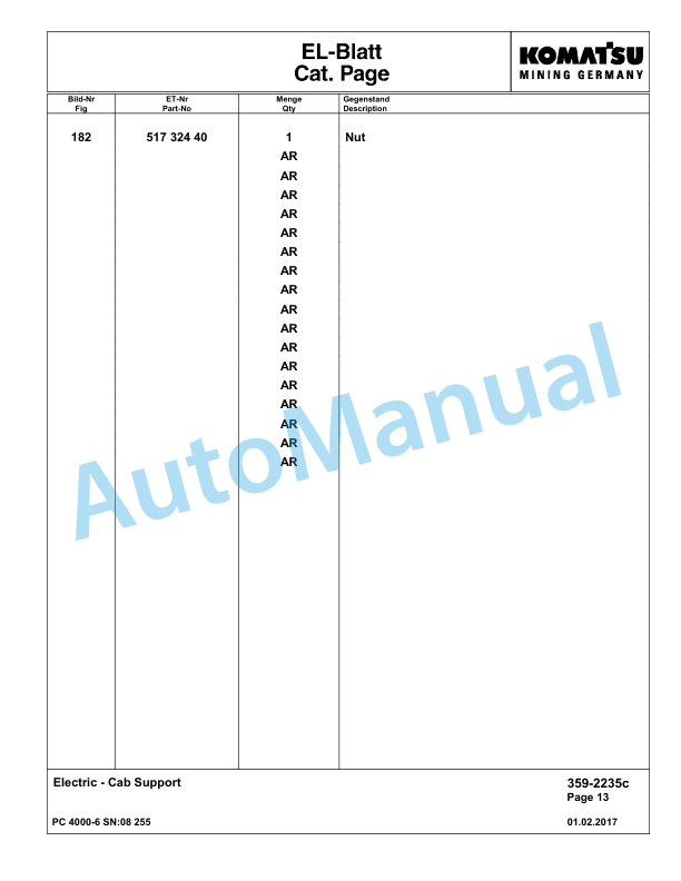 Komatsu PC4000-6 Hydraulic Excavator Parts Manual G08255-4