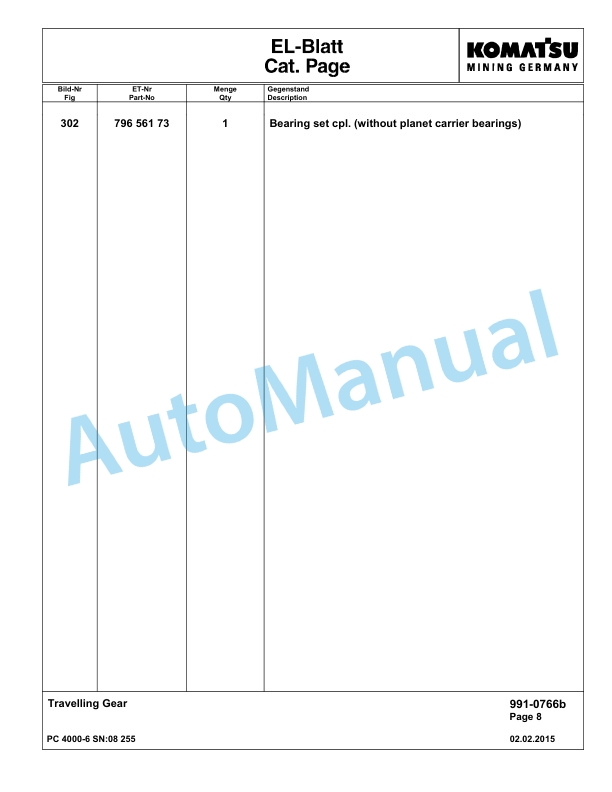 Komatsu PC4000-6 Hydraulic Excavator Parts Manual G08255-5