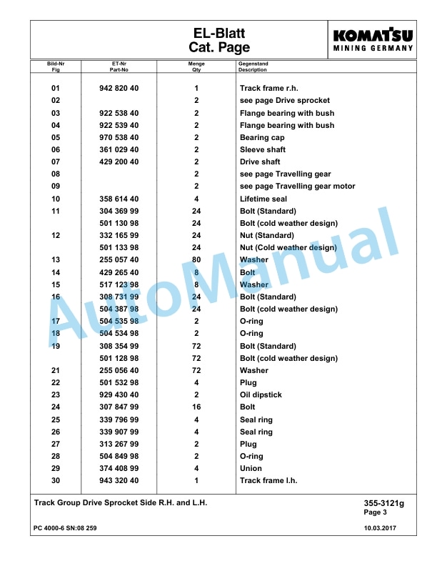 Komatsu PC4000-6 Hydraulic Excavator Parts Manual G08259-2