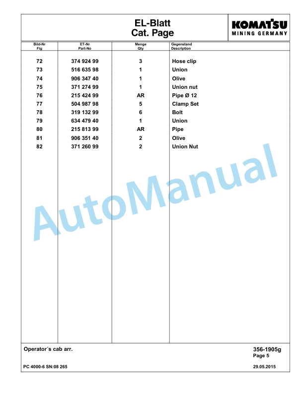Komatsu PC4000-6 Hydraulic Excavator Parts Manual G08265-3