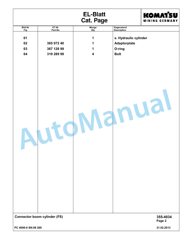 Komatsu PC4000-6 Hydraulic Excavator Parts Manual G08269-2