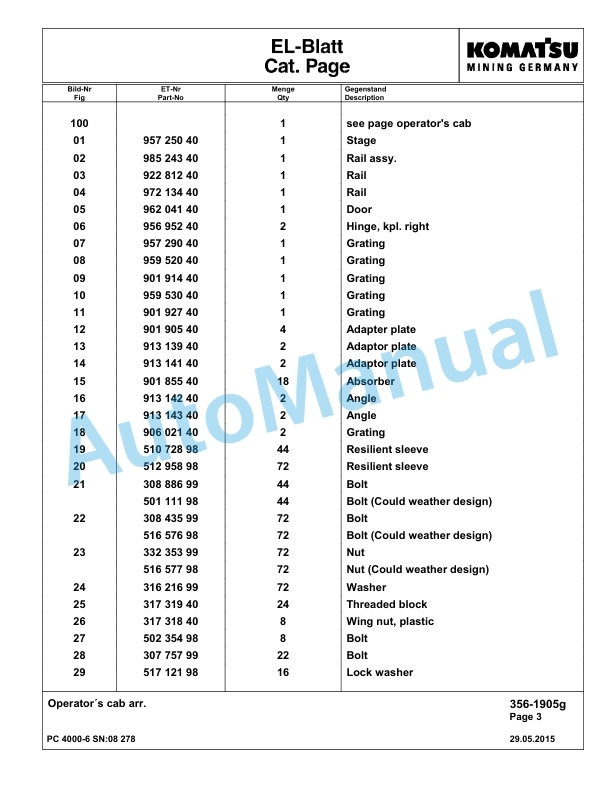 Komatsu PC4000-6 Hydraulic Excavator Parts Manual G08278-3