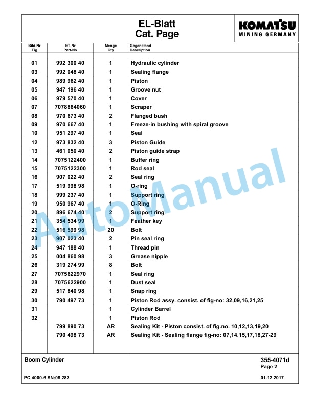 Komatsu PC4000-6 Hydraulic Excavator Parts Manual G08283-2