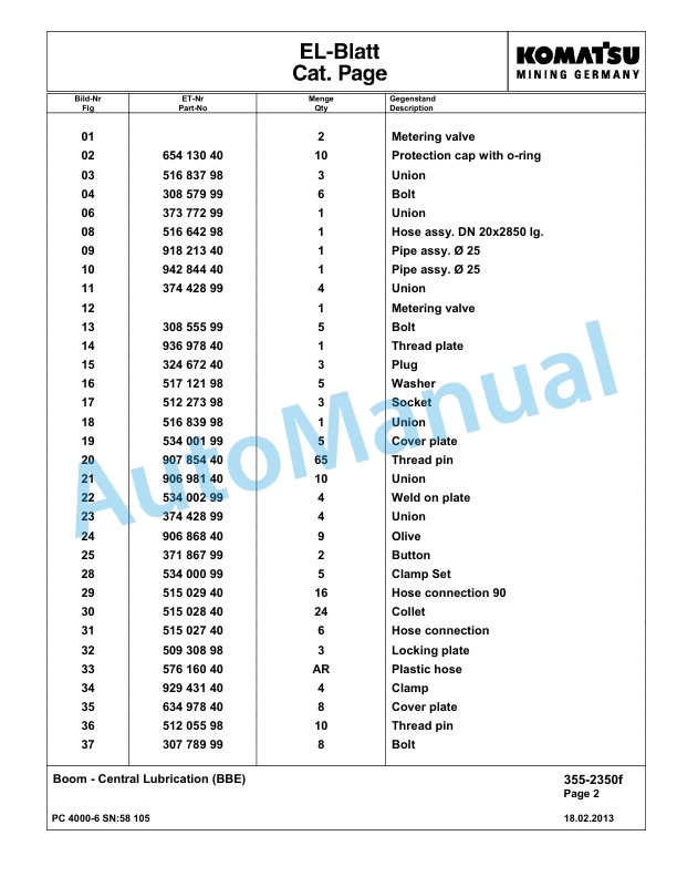 Komatsu PC4000-6 Hydraulic Excavator Parts Manual G58105-4