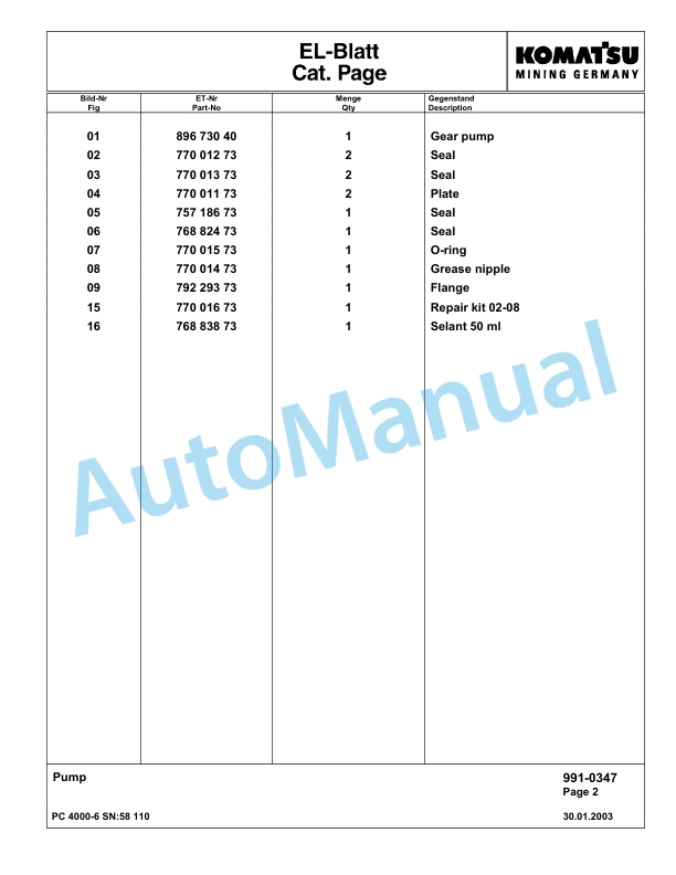 Komatsu PC4000-6 Hydraulic Excavator Parts Manual G58110-5