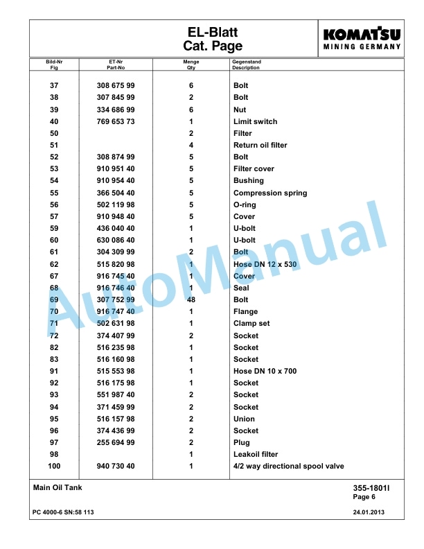 Komatsu PC4000-6 Hydraulic Excavator Parts Manual G58113-2