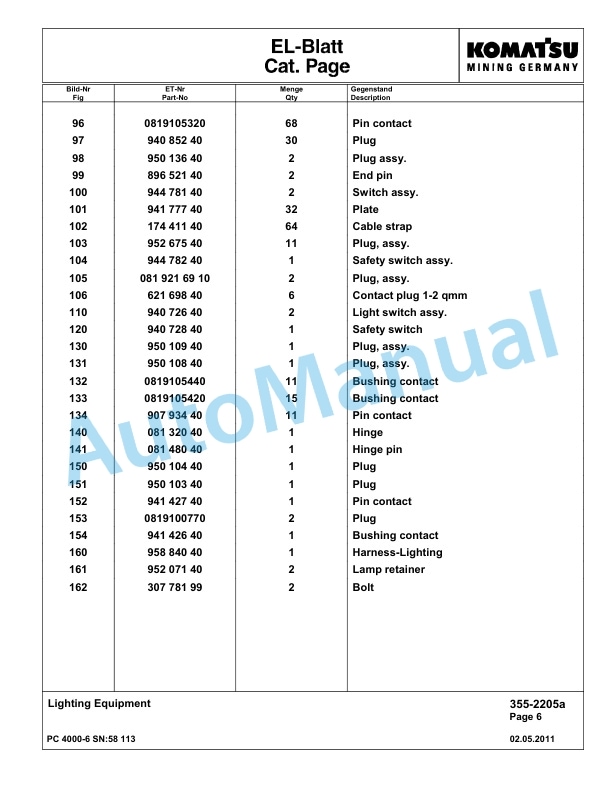 Komatsu PC4000-6 Hydraulic Excavator Parts Manual G58113-3