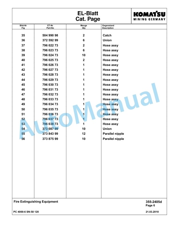 Komatsu PC4000-6 Hydraulic Excavator Parts Manual G58120-4