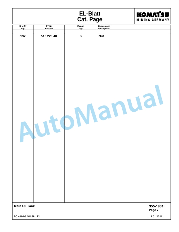 Komatsu PC4000-6 Hydraulic Excavator Parts Manual G58122-2