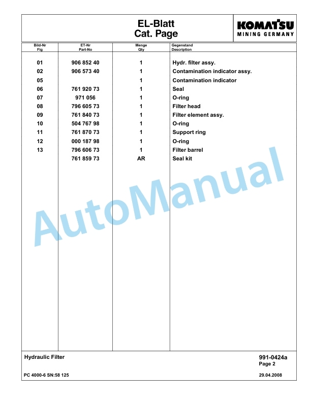Komatsu PC4000-6 Hydraulic Excavator Parts Manual G58125-5