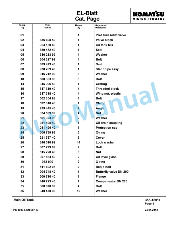 Komatsu PC4000-6 Hydraulic Excavator Parts Manual G58133-2