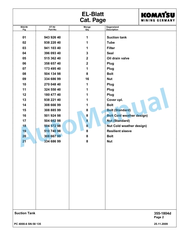 Komatsu PC4000-6 Hydraulic Excavator Parts Manual G58135-2