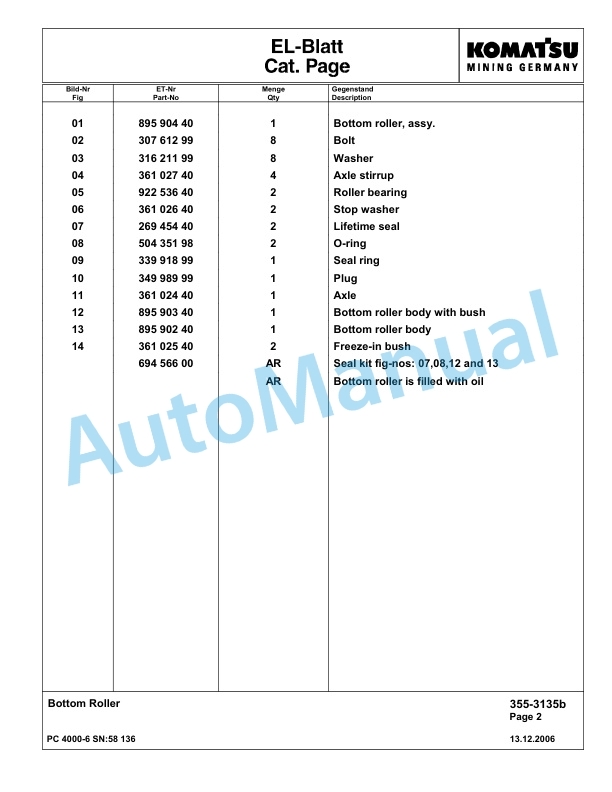 Komatsu PC4000-6 Hydraulic Excavator Parts Manual G58136-4