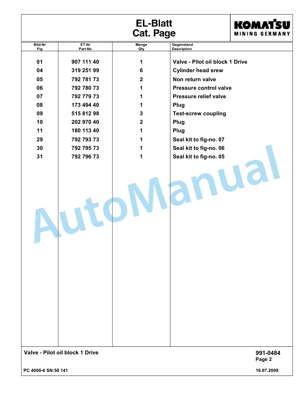 Komatsu PC4000-6 Hydraulic Excavator Parts Manual G58141-5