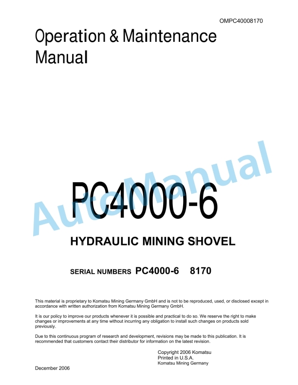 Komatsu PC4000-6 Hydraulic Mining Shovel Operation and Maintenance Manual OMPC40008170