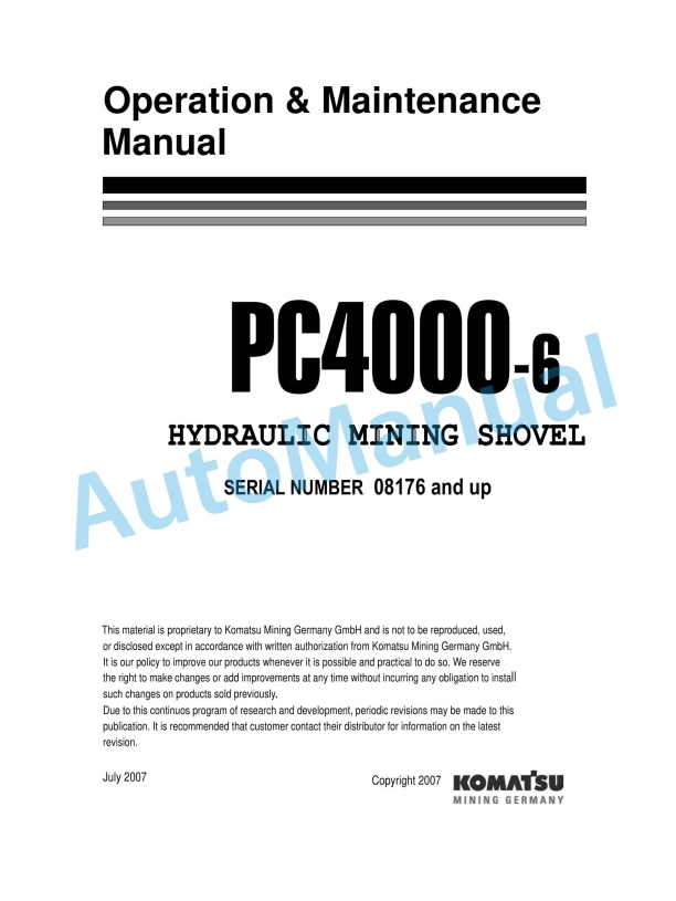 Komatsu PC4000-6 Hydraulic Mining Shovel Operation and Maintenance Manual OMPC40008176