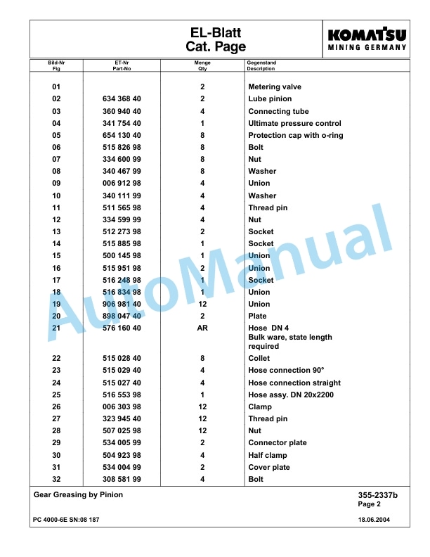 Komatsu PC4000-6E Hydraulic Excavator Parts Manual G08187-2