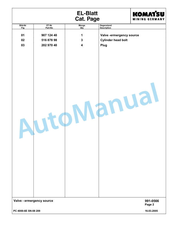 Komatsu PC4000-6E Hydraulic Excavator Parts Manual G08209-5