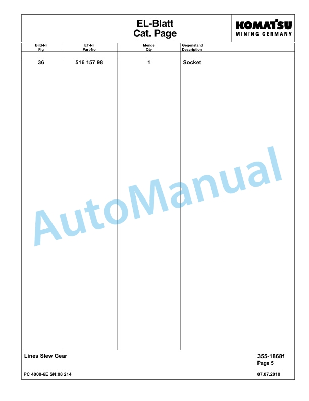 Komatsu PC4000-6E Hydraulic Excavator Parts Manual G08214-2
