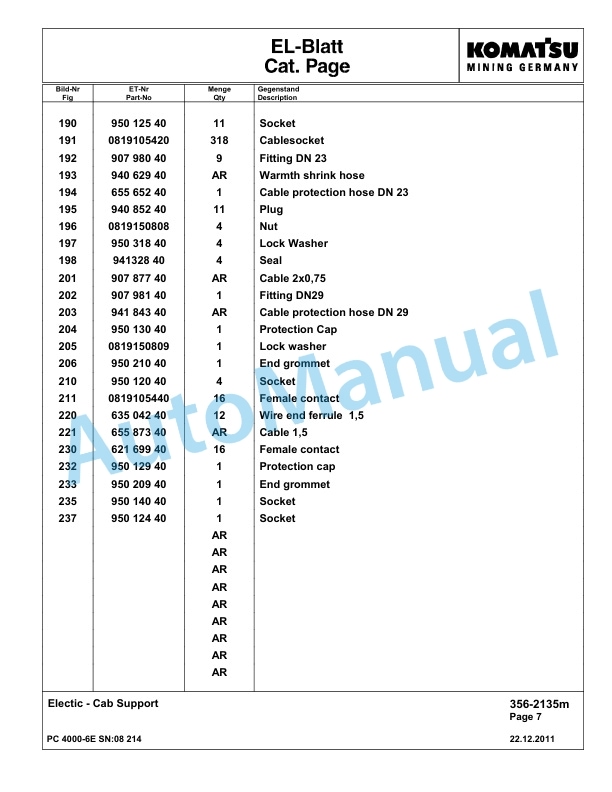 Komatsu PC4000-6E Hydraulic Excavator Parts Manual G08214-4