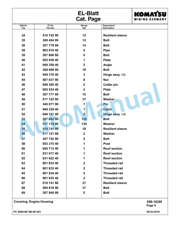 Komatsu PC4000-6E Hydraulic Excavator Parts Manual G08223-3