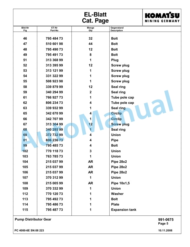 Komatsu PC4000-6E Hydraulic Excavator Parts Manual G08223-5