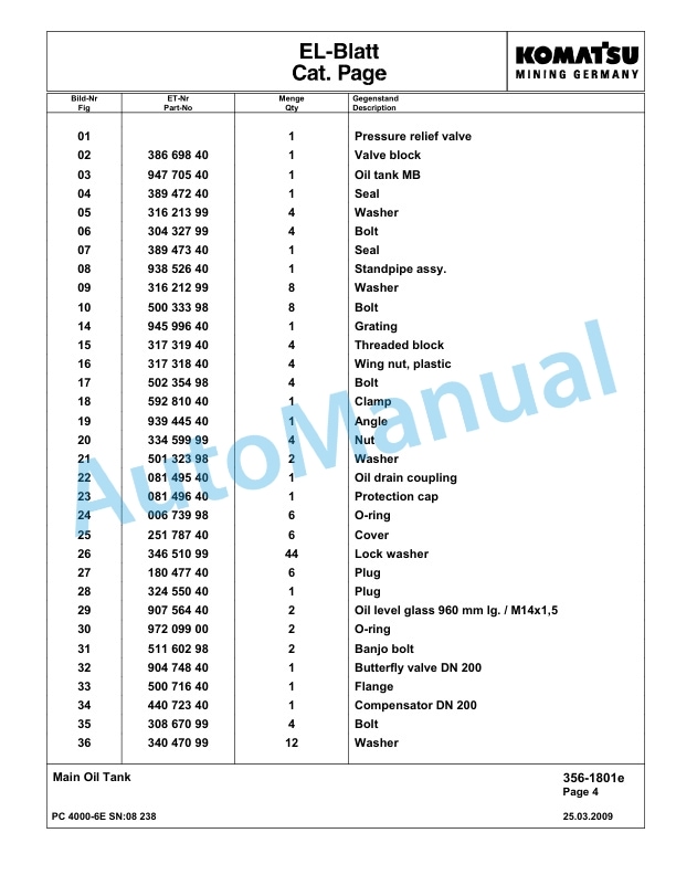 Komatsu PC4000-6E Hydraulic Excavator Parts Manual G08238-3