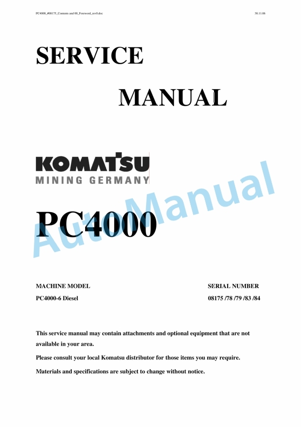 Komatsu PC4000 Hydraulic Excavator Service Manual