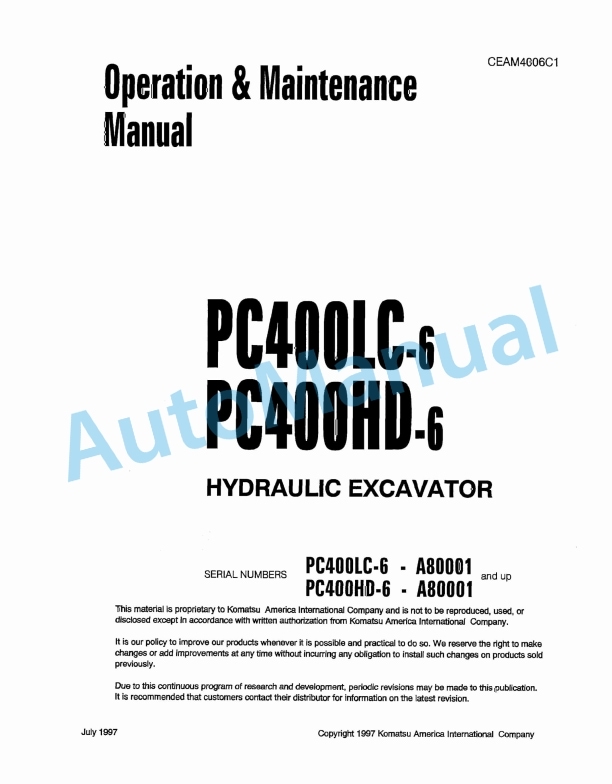 Komatsu PC400LC-6, PC400HD-6 Hydraulic Excavator Operation and Maintenance Manual CEAM4006C1