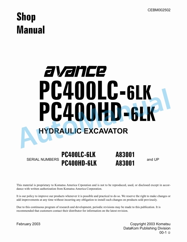 Komatsu PC400LC-6LK, PC400HD-6K Avance Hydraulic Excavator Shop Manual CEBM002502