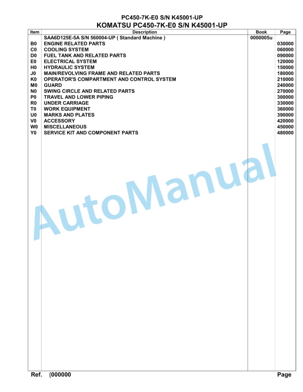 Komatsu PC450-7K-E0 Hydraulic Excavator Parts Manual K45001-UP