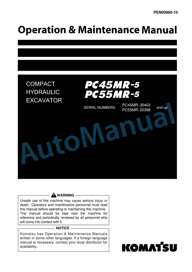Komatsu PC45MR-5, PC55MR-5 Compact Hydraulic Excavator Operation and Maintenance Manual PEN00980-10