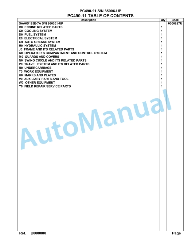 Komatsu PC490-11 Hydraulic Excavator Parts Manual 85006-UP