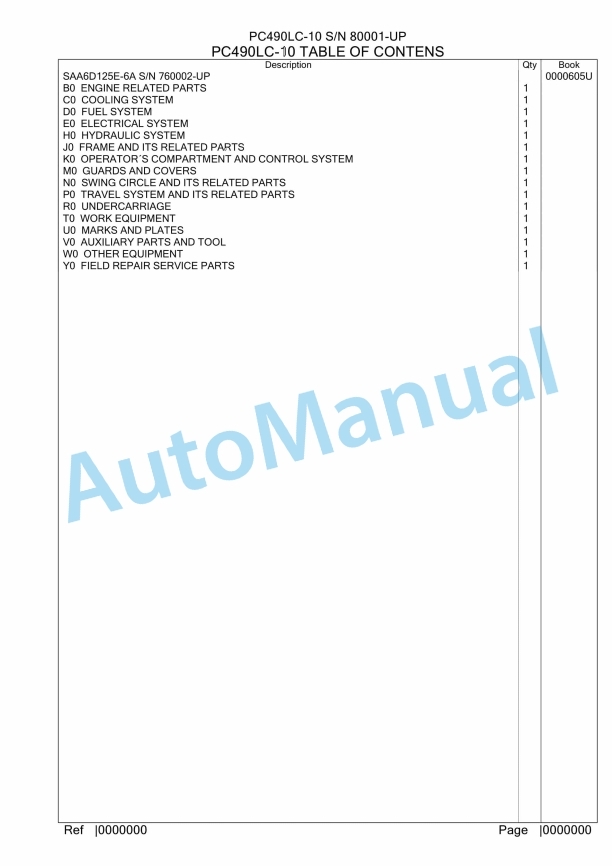 Komatsu PC490LC-10 Hydraulic Excavator Parts Manual PC0000605U