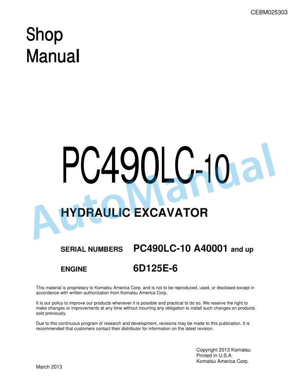 Komatsu PC490LC-10 Hydraulic Excavator Shop Manual CEBM025303