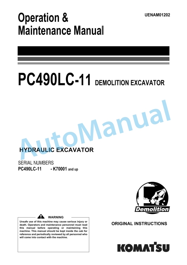 Komatsu PC490LC-11 Demolition Hydraulic Excavator Operation and Maintenance Manual UENAM01202