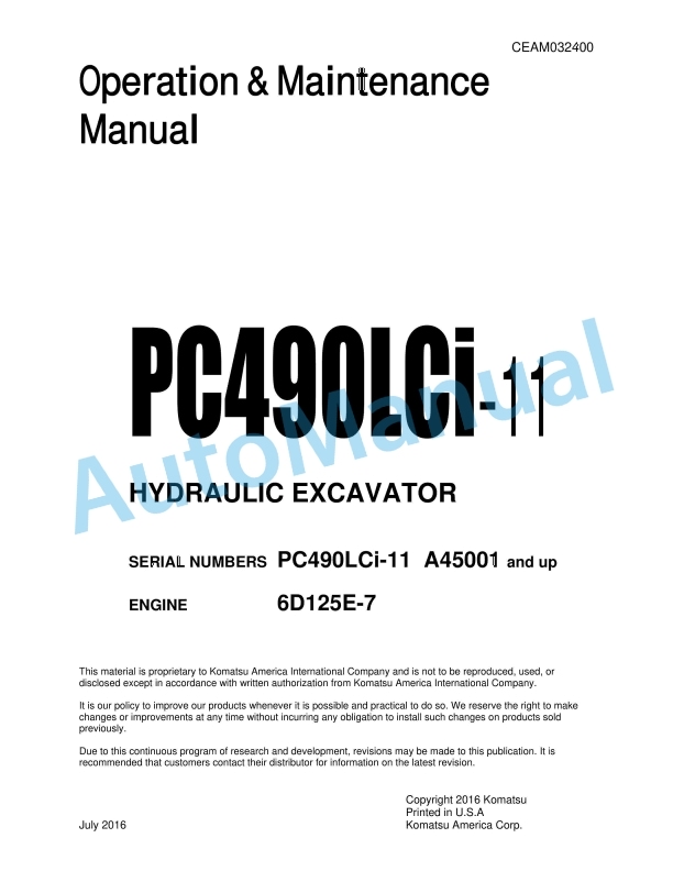 Komatsu PC490LCi-11 Hydraulic Excavator Operation and Maintenance Manual CEAM032400