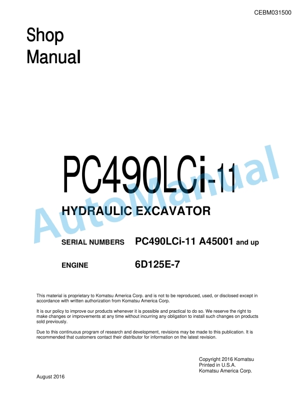 Komatsu PC490LCi-11 Hydraulic Excavator Shop Manual CEBM031500