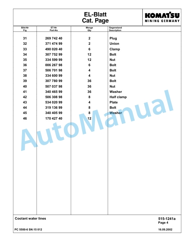 Komatsu PC5500-6 Hydraulic Excavator Parts Manual G15012-2