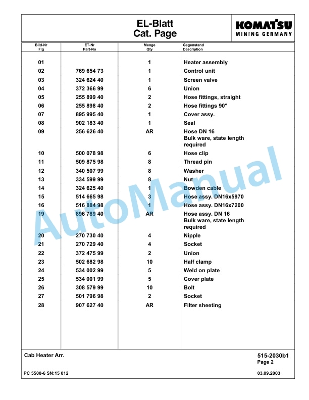 Komatsu PC5500-6 Hydraulic Excavator Parts Manual G15012-3