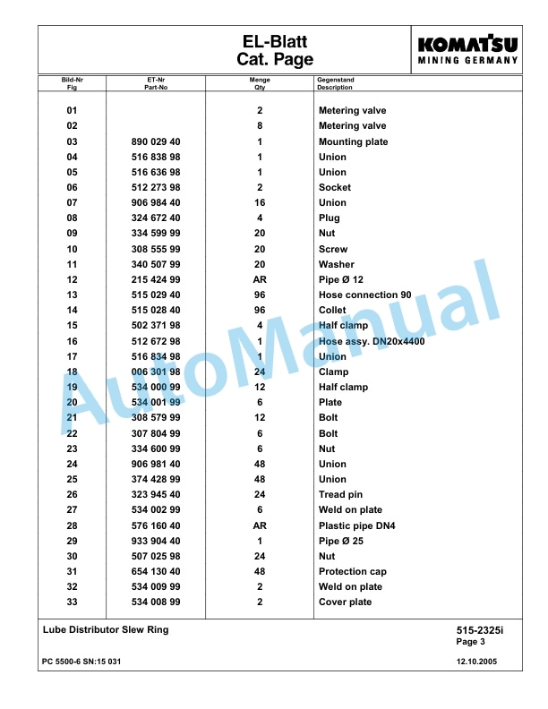 Komatsu PC5500-6 Hydraulic Excavator Parts Manual G15031-4