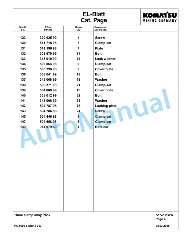 Komatsu PC5500-6 Hydraulic Excavator Parts Manual G15040-2