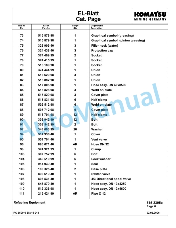 Komatsu PC5500-6 Hydraulic Excavator Parts Manual G15043-4
