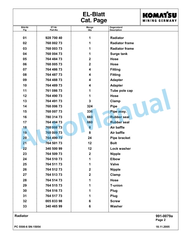 Komatsu PC5500-6 Hydraulic Excavator Parts Manual G15054-5