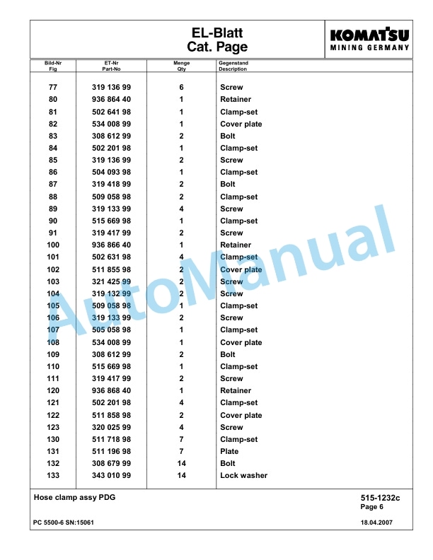 Komatsu PC5500-6 Hydraulic Excavator Parts Manual G15061-2