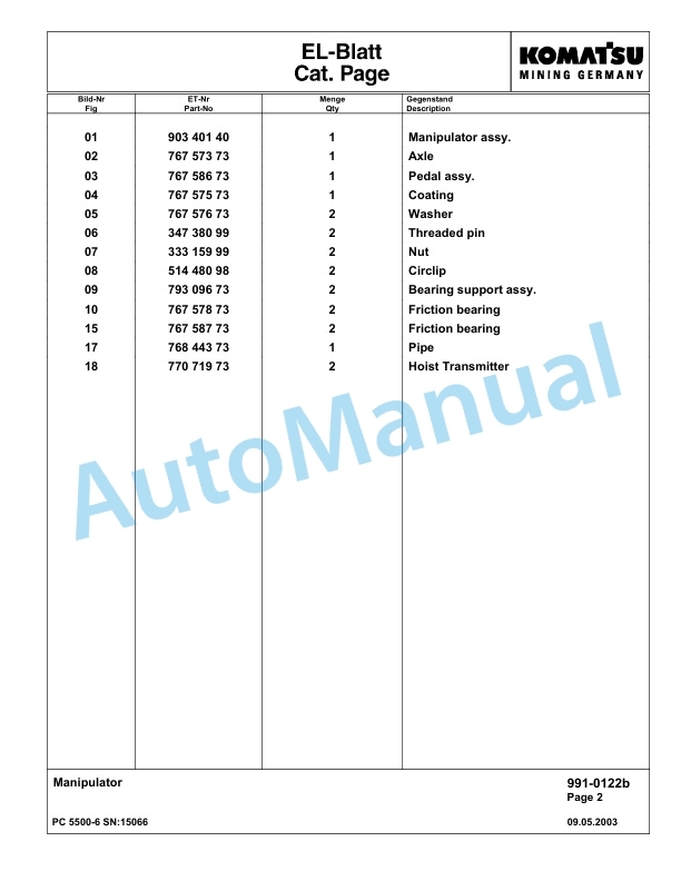 Komatsu PC5500-6 Hydraulic Excavator Parts Manual G15066-5