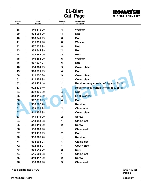 Komatsu PC5500-6 Hydraulic Excavator Parts Manual G15072-2