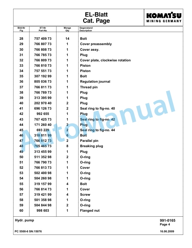 Komatsu PC5500-6 Hydraulic Excavator Parts Manual G15076-5