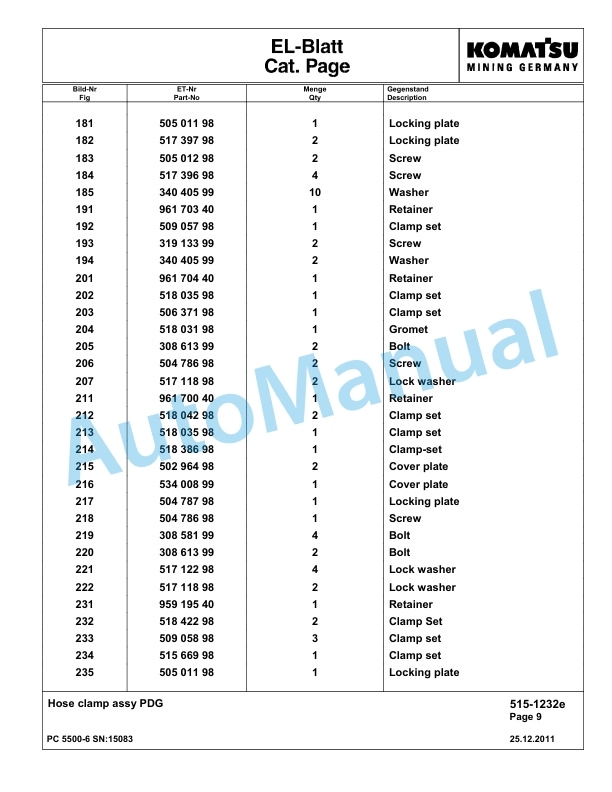Komatsu PC5500-6 Hydraulic Excavator Parts Manual G15083-2
